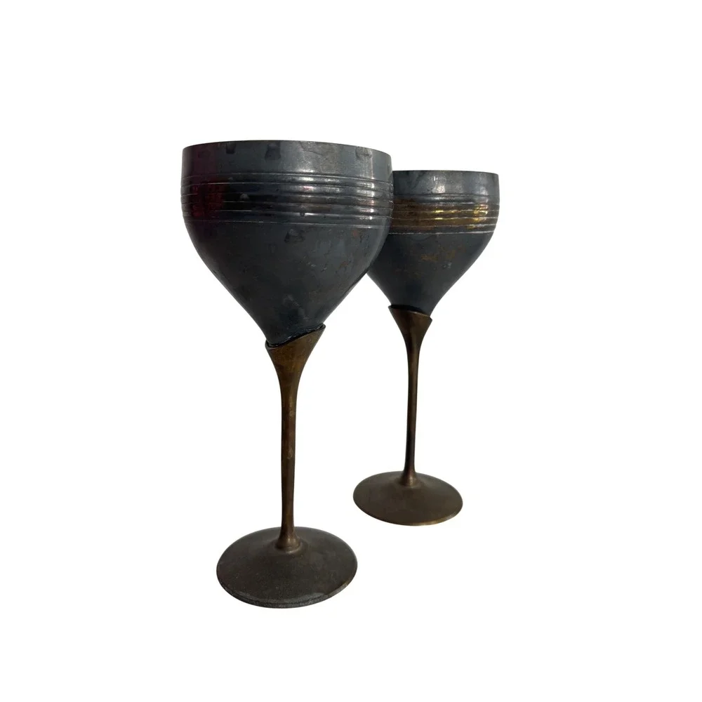 1930 Vintage Made In India Metal Goblet Set, Retro‎ Wine Glasses, Unique Decor